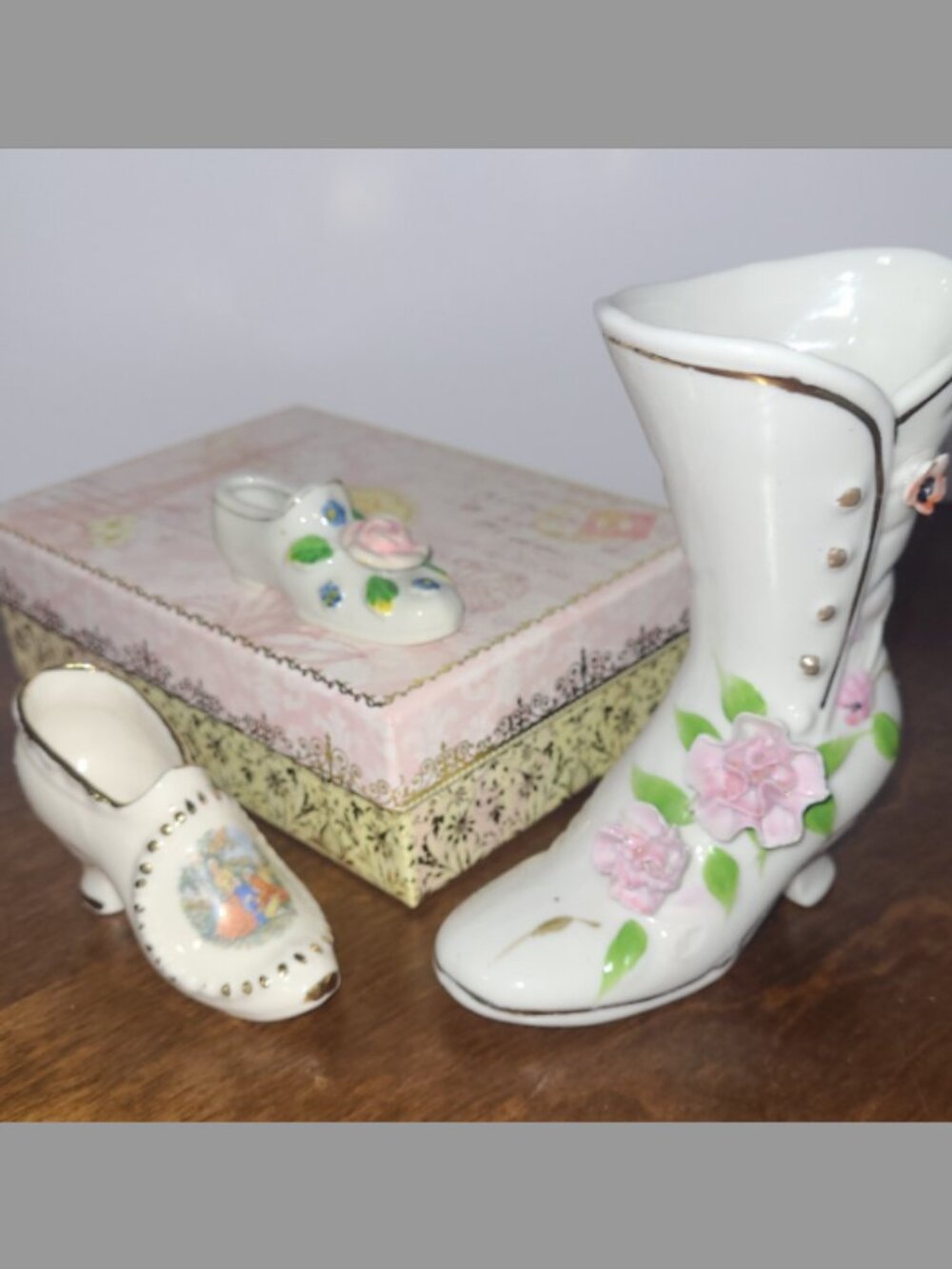 Miniature Shoe Collection of 3: Victorian boot, high heel shoe, & floral shoe